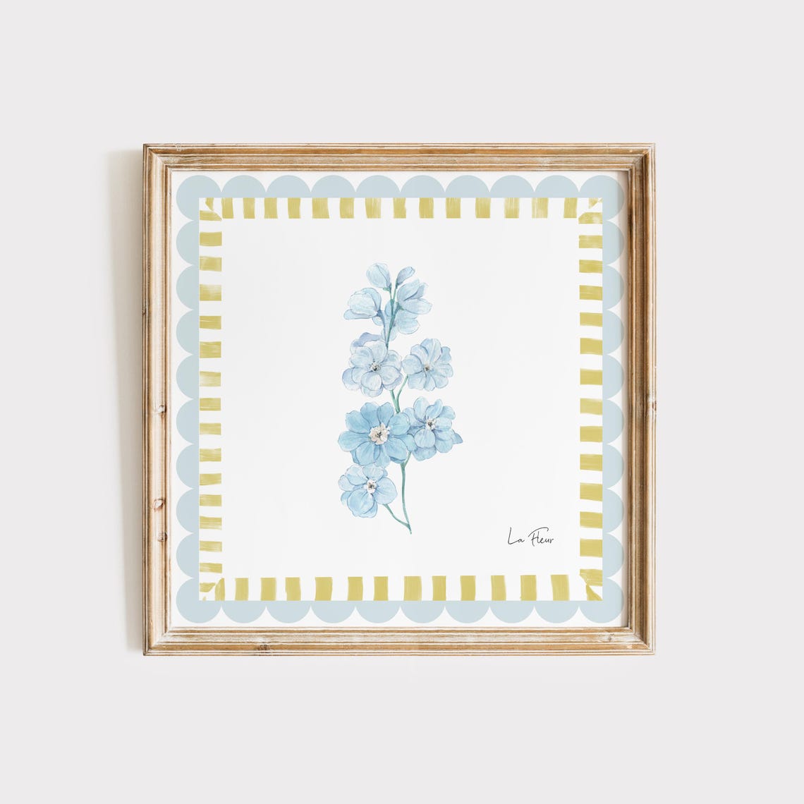 La Fleur Blue Floral Sprig Scalloped Border Watercolor Art Poster
