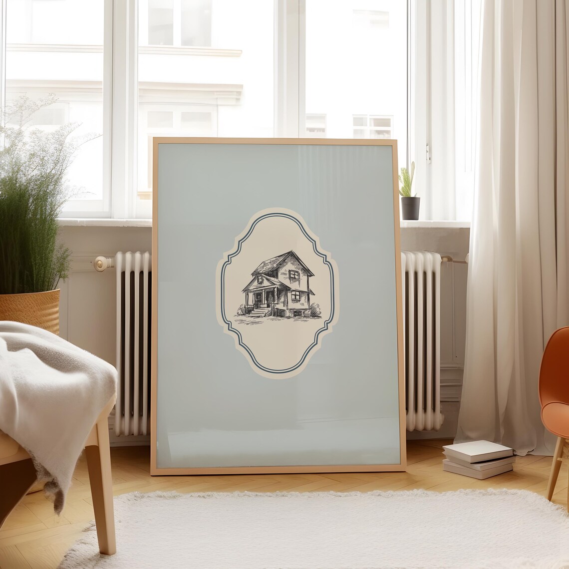 Vintage Farmhouse Line Drawing Blue Medallion Home Wall Art Poster - Image 2