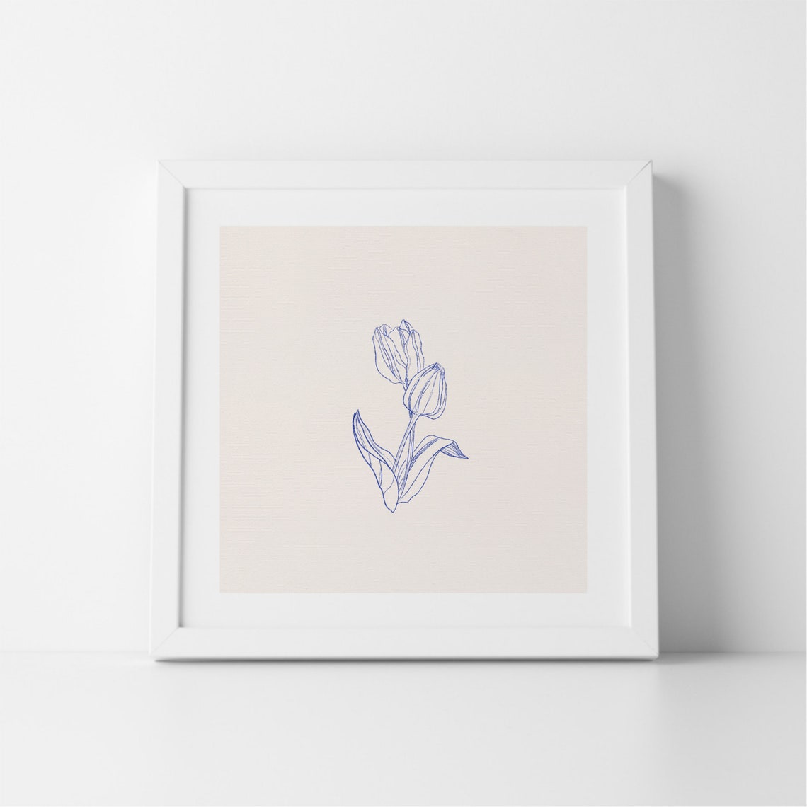 Blue Thin Line Tulip Sketch Cream Background Minimalist Print