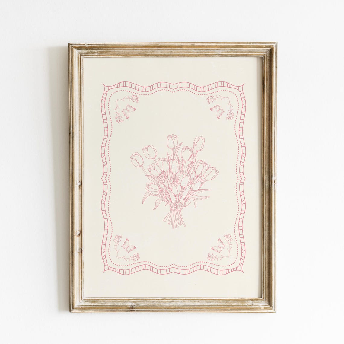 Blush Pink Tulip Bouquet Line Drawing Vintage Floral Border Poster