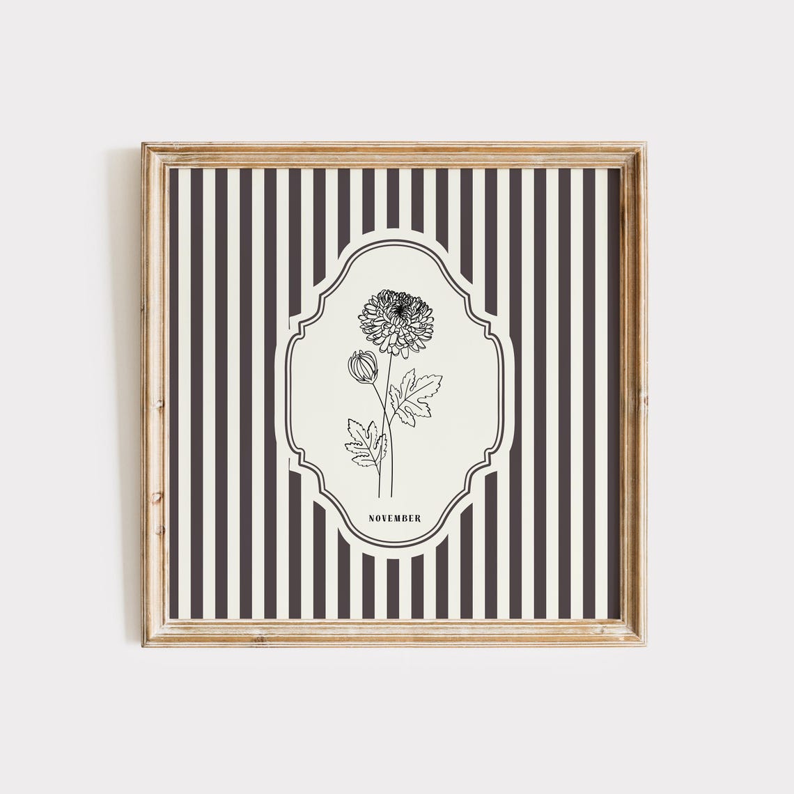 November Birth Month Chrysanthemum Thin Line Art Striped Wall Print - Image 5