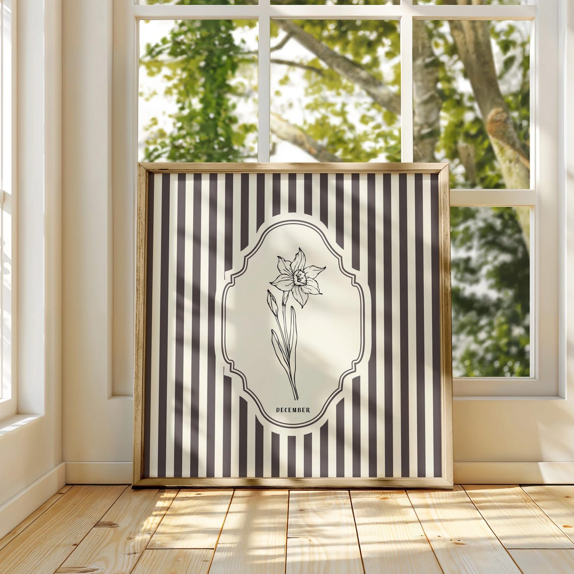 December Birth Month Narcissus Botanical Thin Line Art Striped Print - Image 2