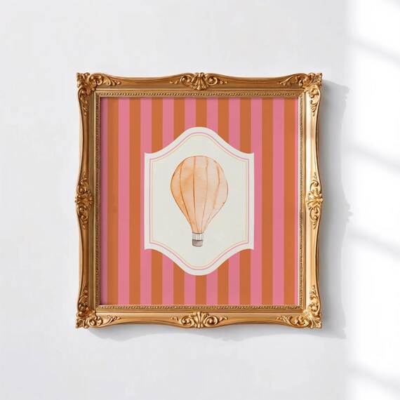 Orange And Pink Striped Hot Air Balloon Print Square Print Wall Art Kitchen Living Room Art Blue Thin Line Print