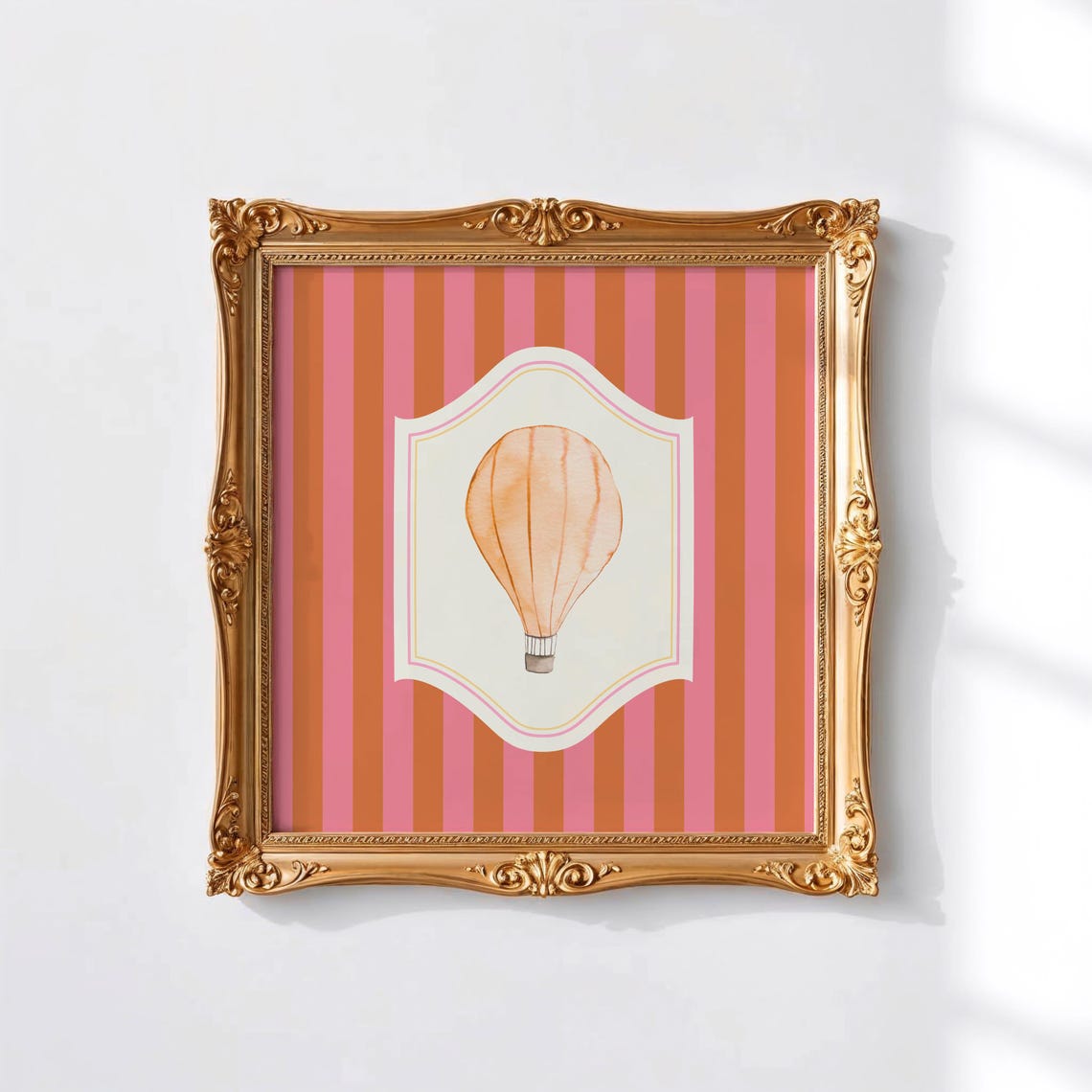 Peach Hot Air Balloon Watercolor Pink Striped Nursery Wall Art Print