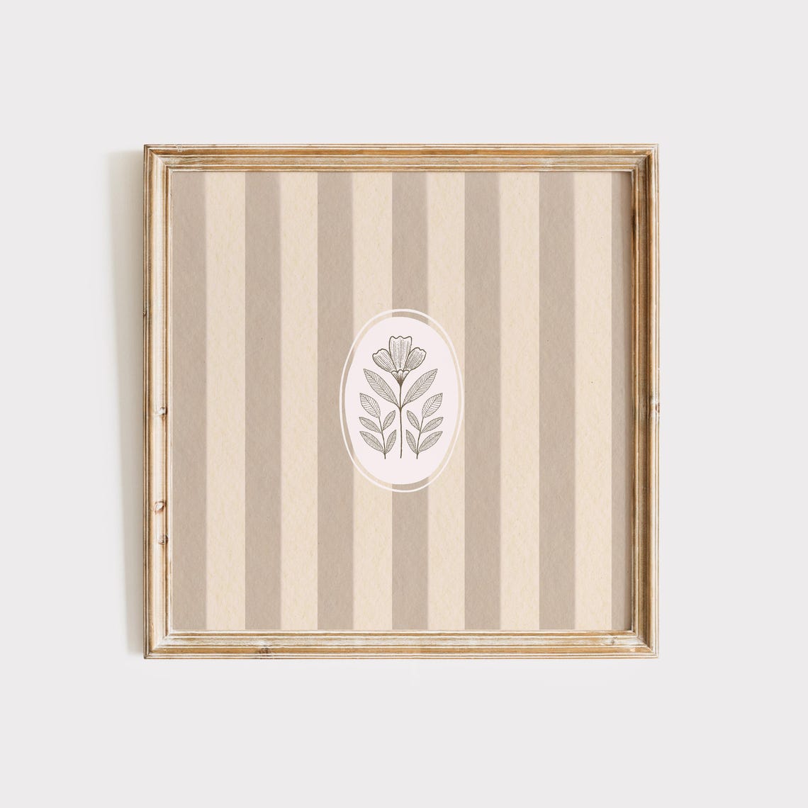 Taupe Striped Botanical Oval Frame Neutral Nursery Wall Decor Poster