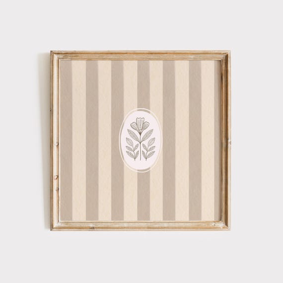 Cream Striped Floral Print Instant Wall Art Trendy Decor Botanical Illustration Living Room Art Cottage Nursery