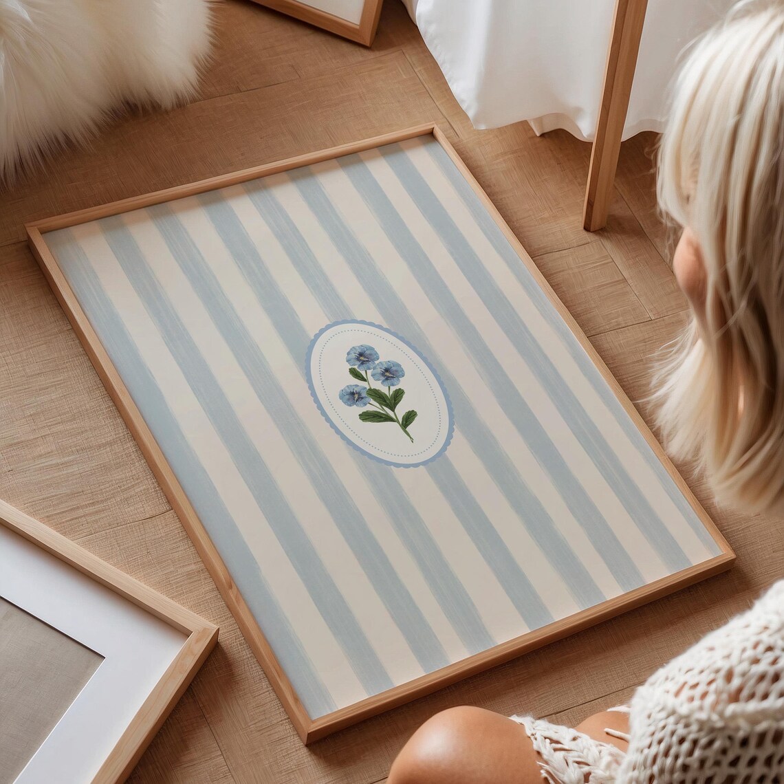 Blue Striped Minimal Floral Art Print, Vintage Cottage