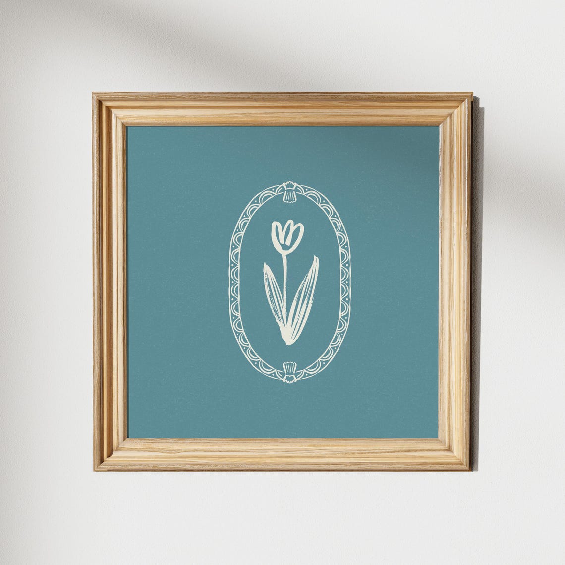 Teal Blue White Tulip Line Art Oval Frame Nursery Decor Poster