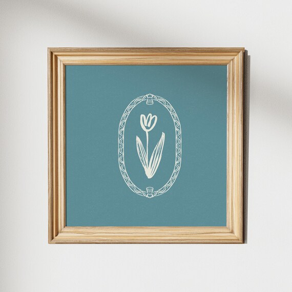 Teal Blue White Tulip Line Art Oval Frame Nursery Decor Poster