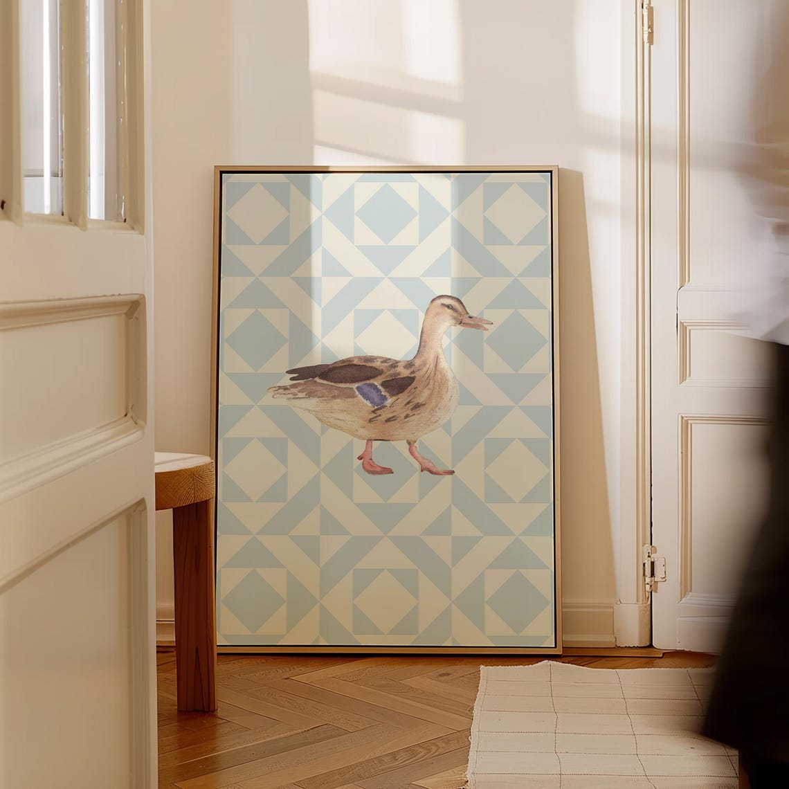 Female Mallard Duck Blue Quilted Pattern Watercolor Nursery Poster