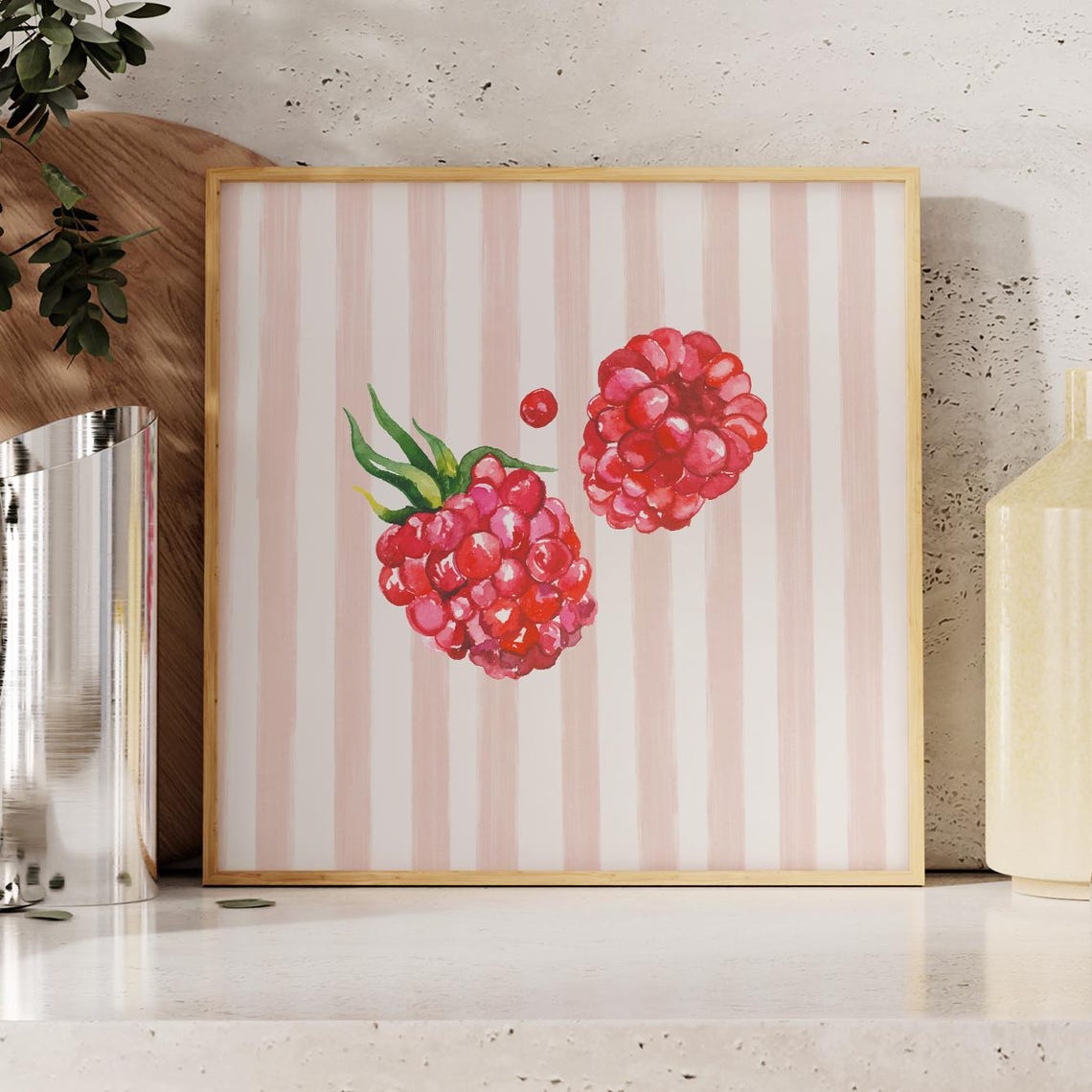 Red Raspberry Watercolor on Pink Stripes Kitchen Fruit Art Poster