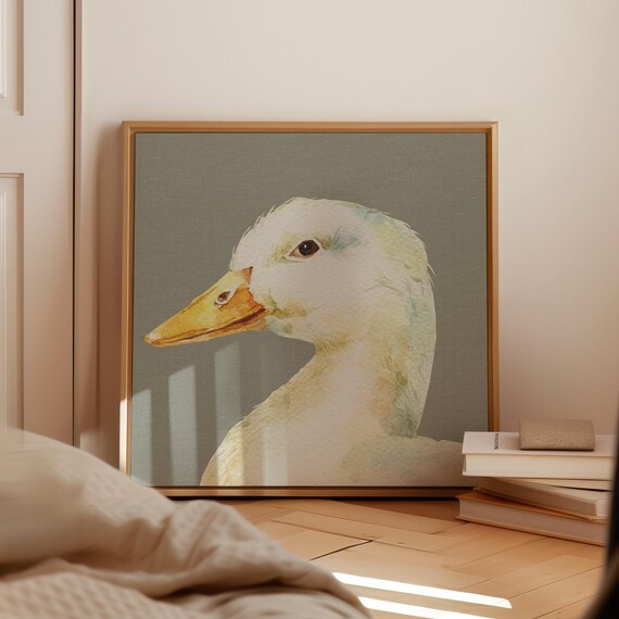White Duck Portrait Watercolor on Olive Grey Farmhouse Animal Poster