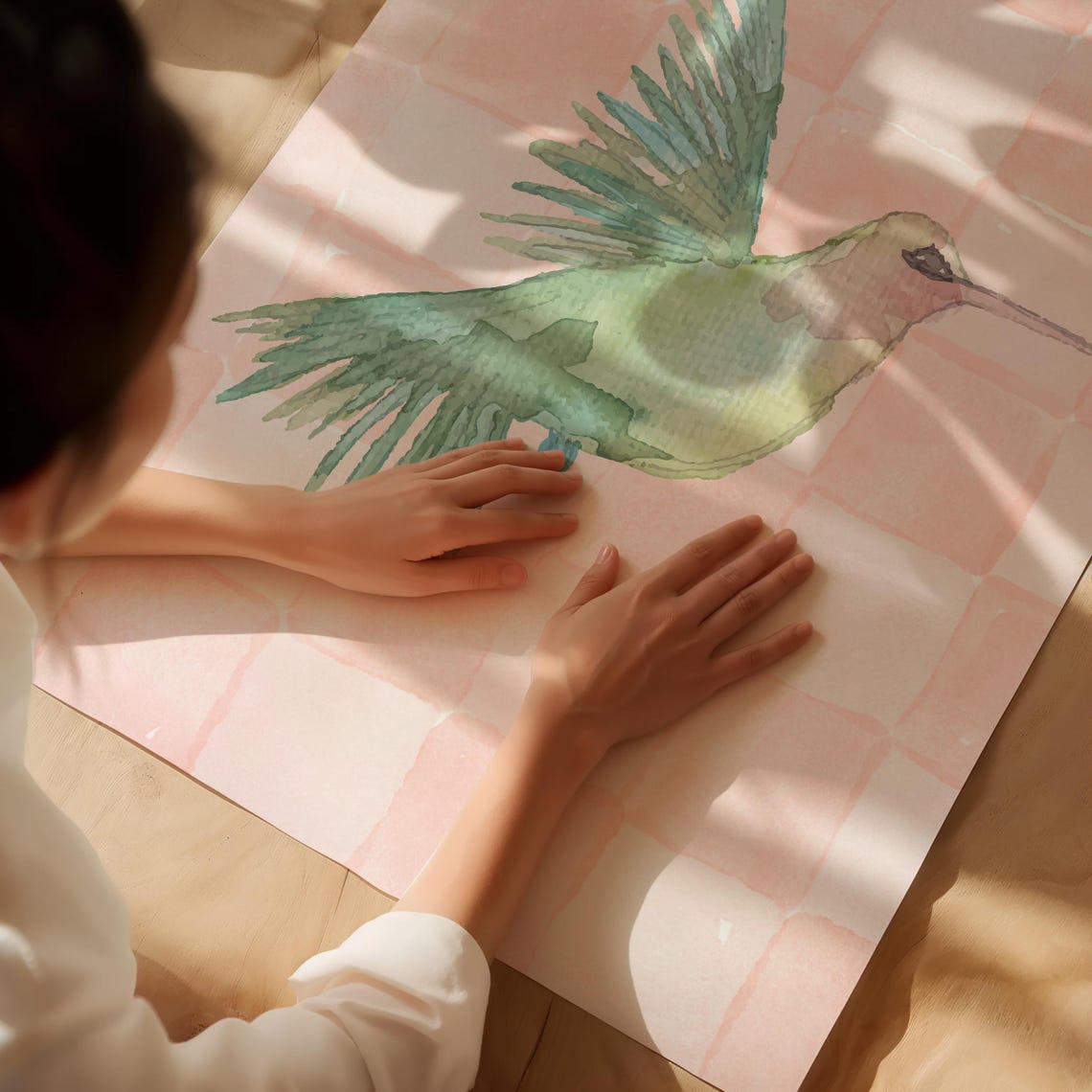 Green Hummingbird Watercolor Pink Checkerboard Nursery Wall Art Print - Image 3