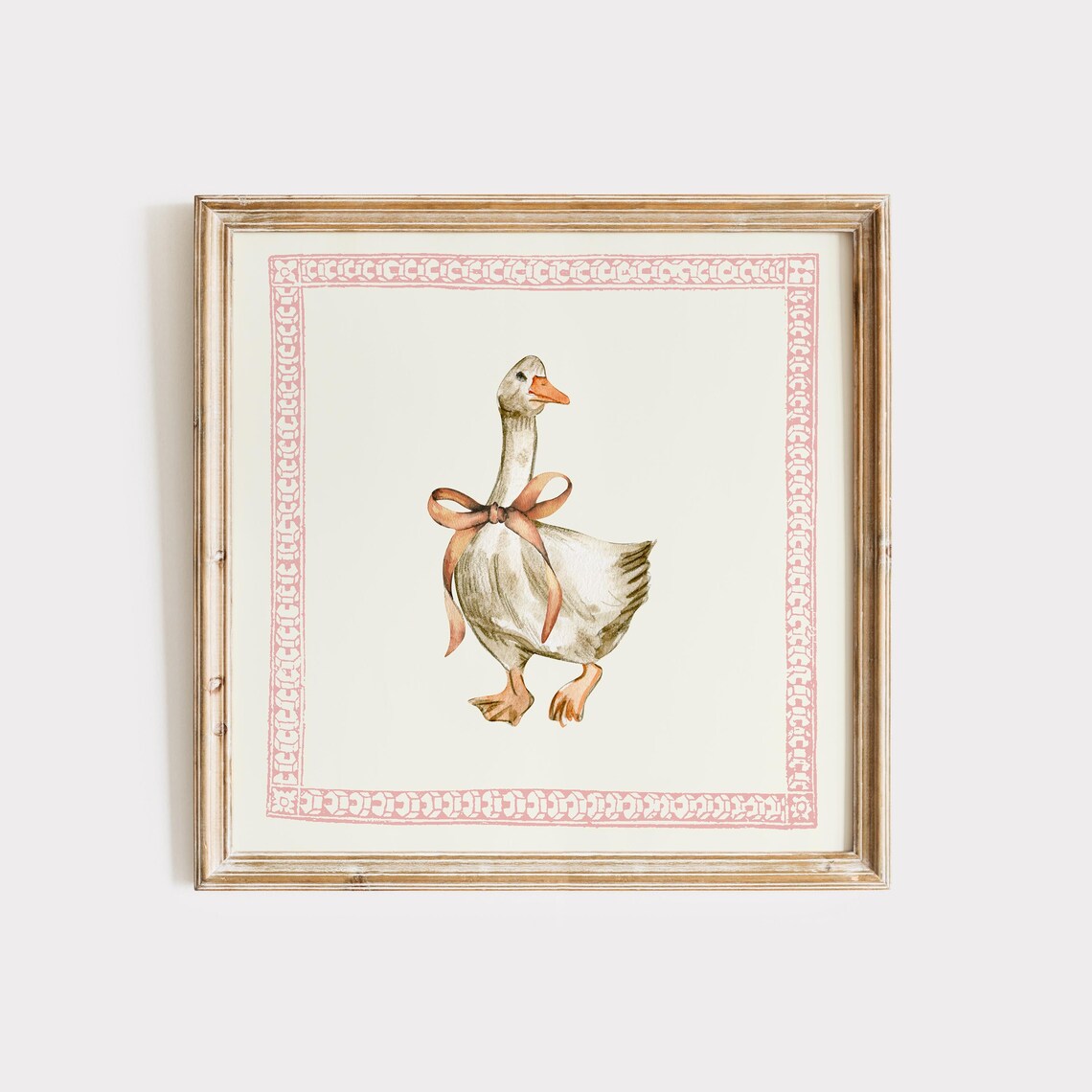 White Goose With Bow Watercolor Pink Border Nursery Wall Art Print