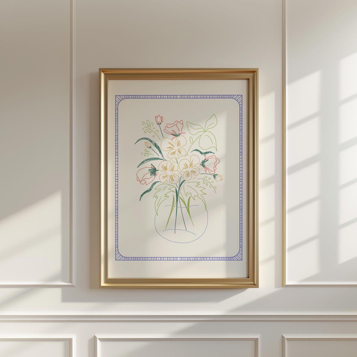 Pastel Blossom Bouquet Line Art Blue Border Cottage Wall Poster - Image 4