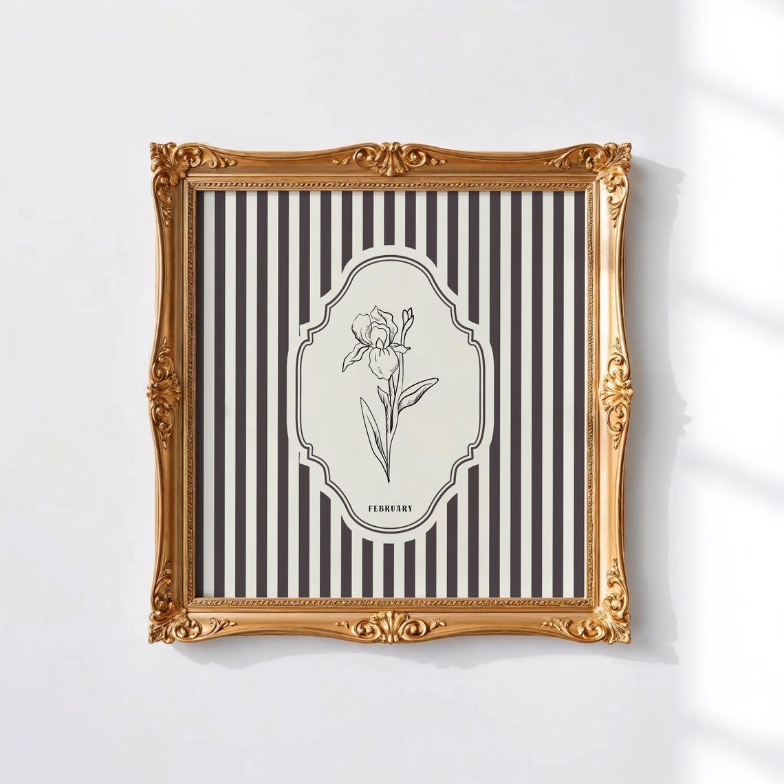 February Iris Line Art Black Striped Botanical Birth Flower Poster