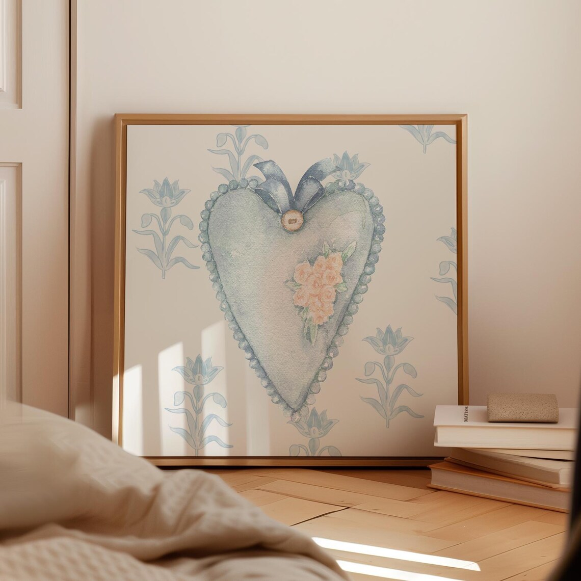 Victorian Blue Heart Locket Pillow Roses Vintage Valentine Art Poster