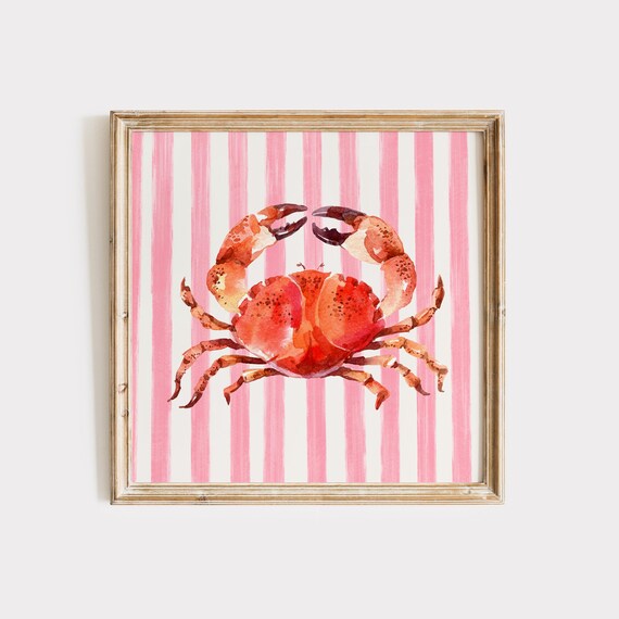 Soft Pink Watercolor Crab Print Wall Art Trendy Decor Nautical Illustration Living Room Cottage Art Print