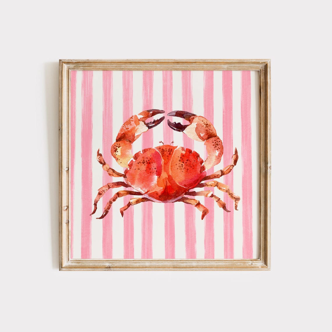 Coral Pink Watercolor Crab Pink Striped Coastal Kitchen Wall Poster