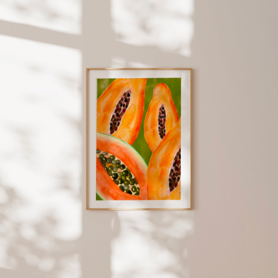 Vibrant Papaya Halves Watercolor Kitchen Fruit Illustration Poster