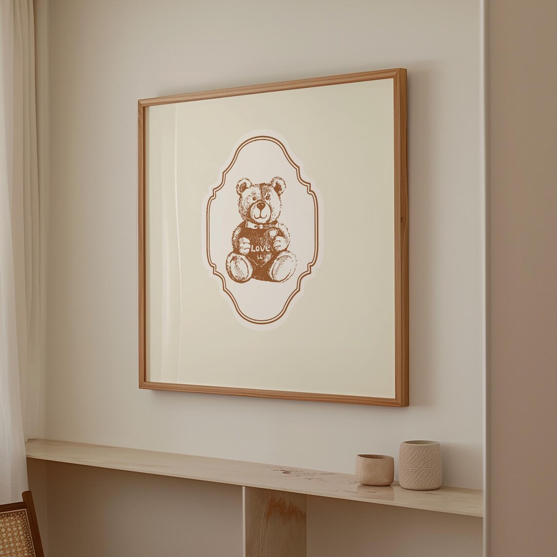Vintage Love U Teddy Bear Heart Cream Ornate Square Nursery Poster - Image 3