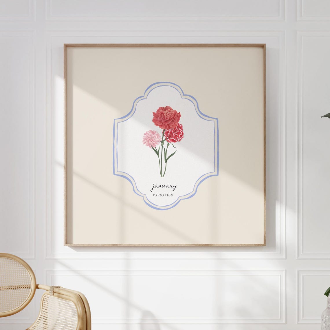 January Birth Month Carnation Watercolor Botanical Crest Wall Print - Image 4