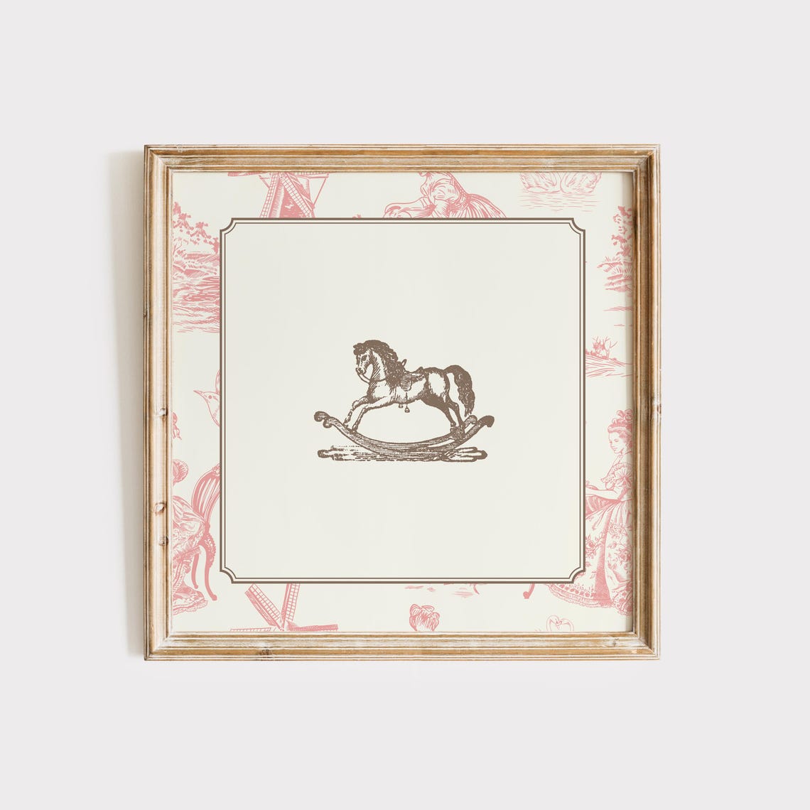Pink Toile Border Vintage Rocking Horse Engraving Nursery Poster - Image 2