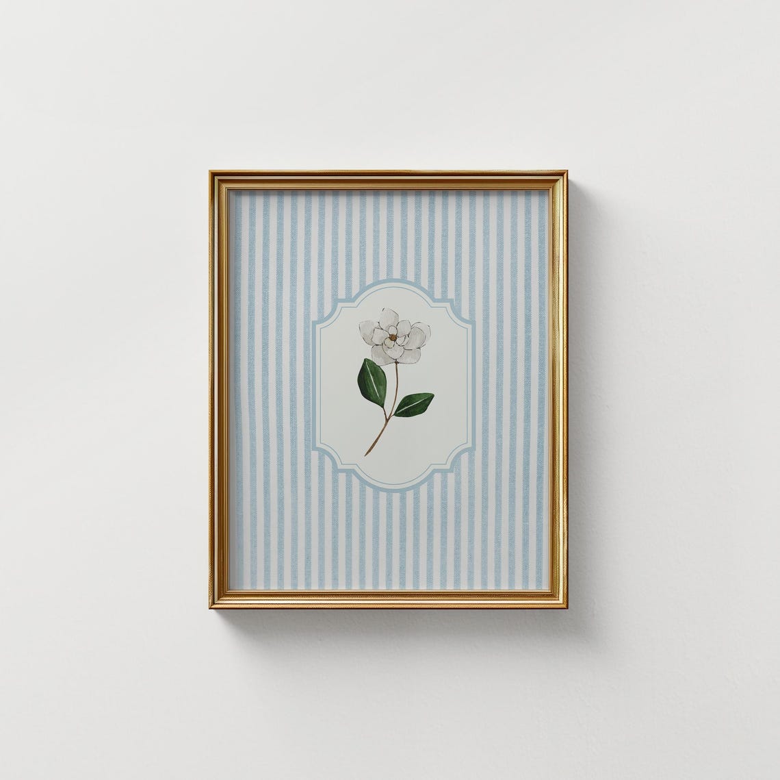 Striped Magnolia Botanical Poster with Blue Vintage Label Design - Image 2
