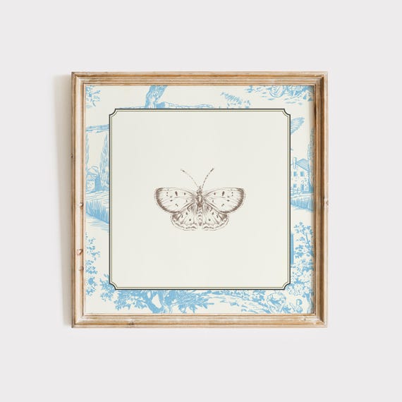 Vintage Blue Toile Butterfly Print Wall Art Trendy Decor Botanical Illustration Living Room Art Cottage Nursery