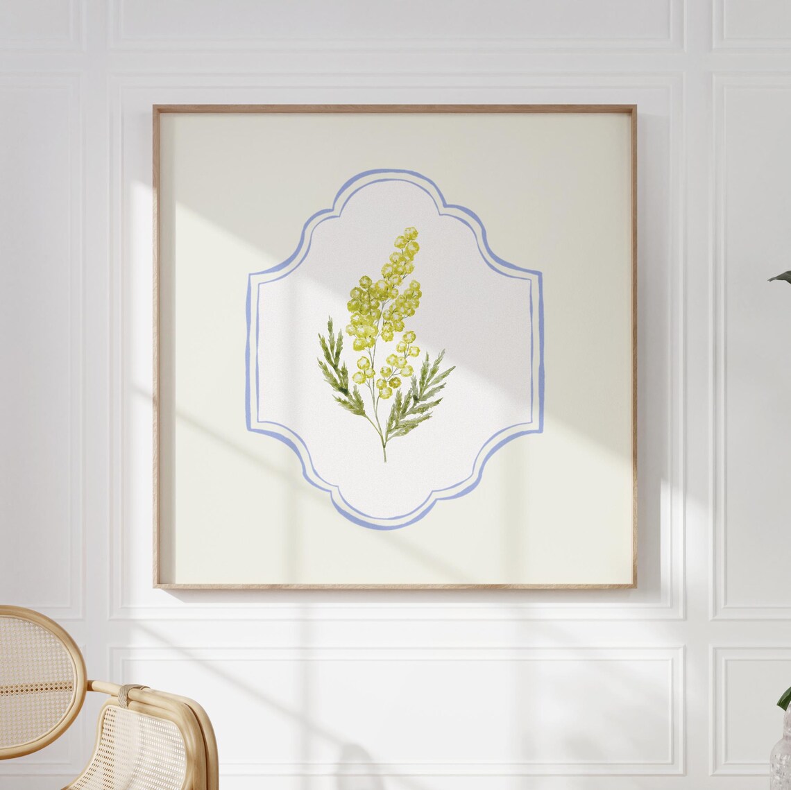 Golden Mimosa Blossom Sprig Watercolor Medallion Botanical Print - Image 4