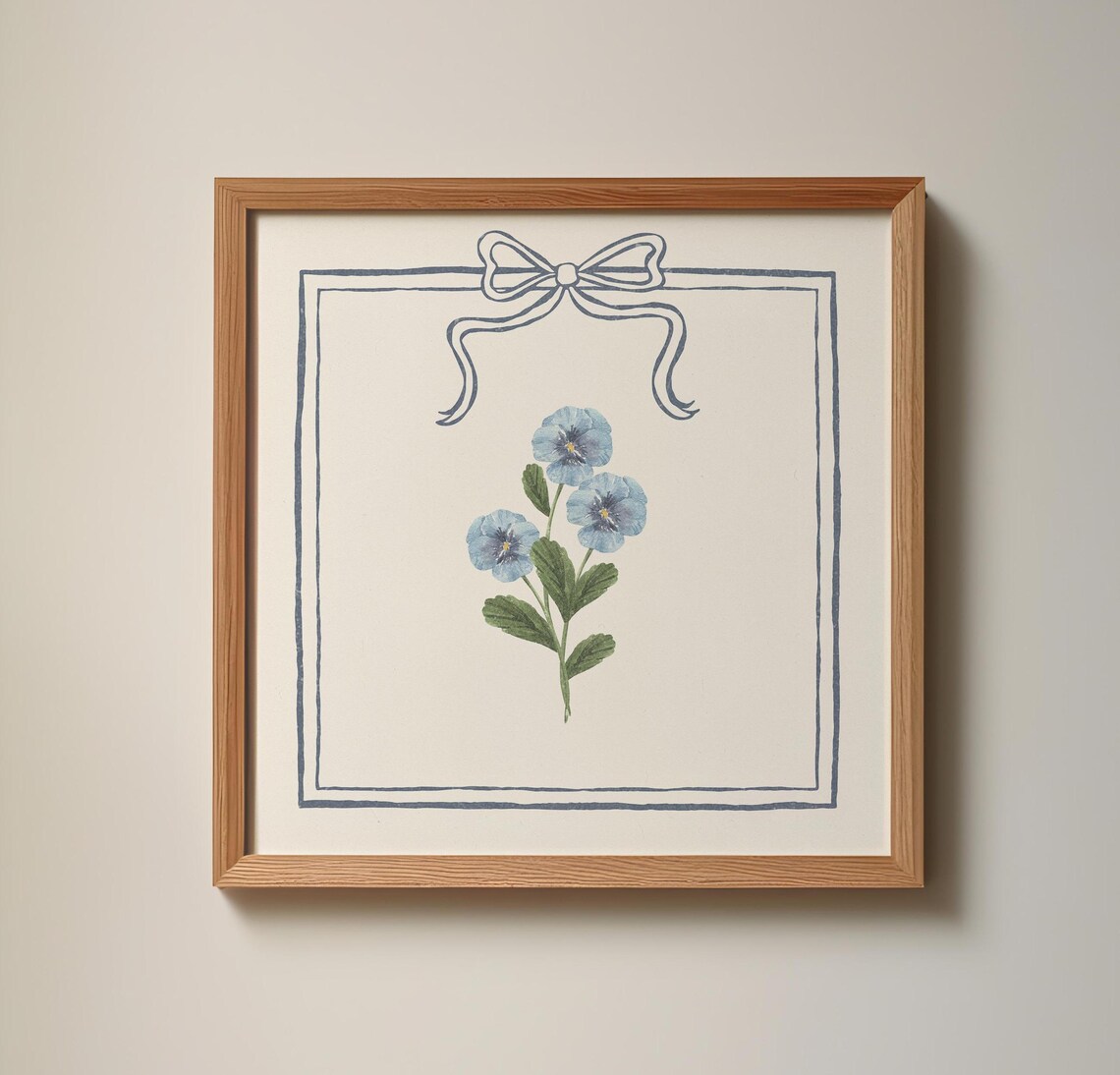 Blue Pansy Watercolor in Bow Line Frame Botanical Illustration Poster