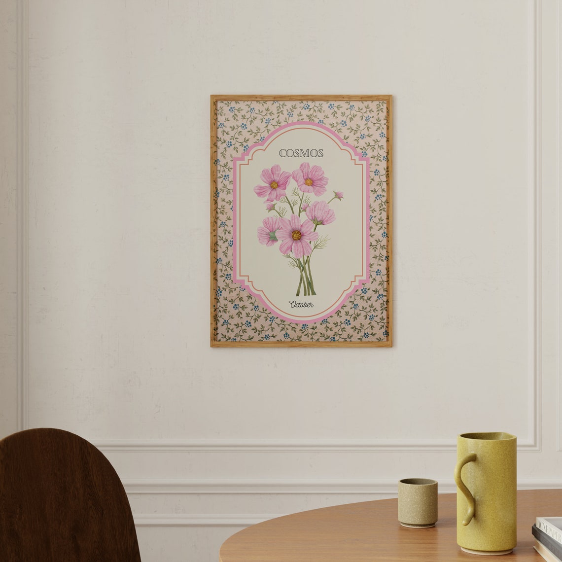 October Cosmos Birth Flower Vintage Botanical Poster Pink Medallion