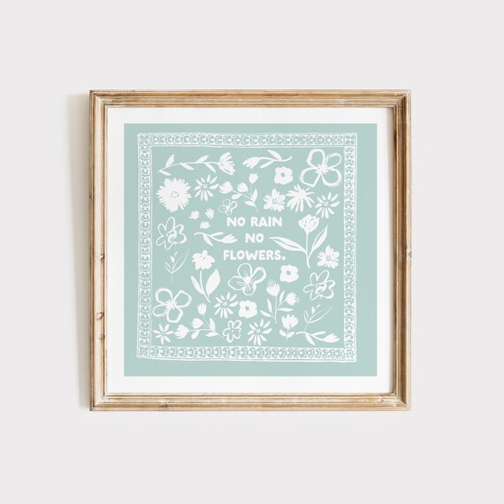 Sea Blue No Rain No Flowers Square Print Instant Wall Art Kitchen Living Room Art Blue Thin Line Scripture