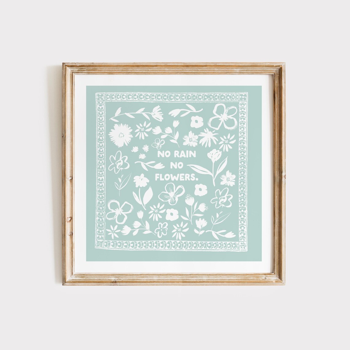 Sea Blue No Rain No Flowers Square Print Instant Wall Art Kitchen Living Room Art Blue Thin Line Scripture