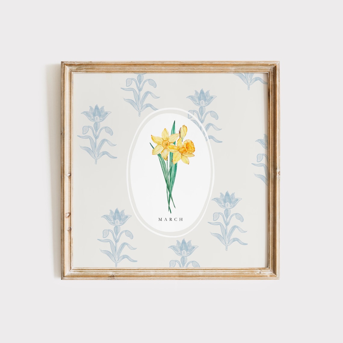 March Daffodil Birth Month Flower Blue Botanical Pattern Watercolor Poster