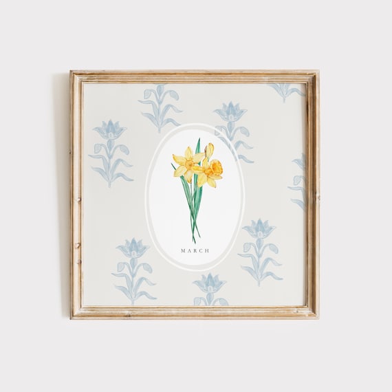 March Daffodil Birth Month Flower Blue Botanical Pattern Watercolor Poster