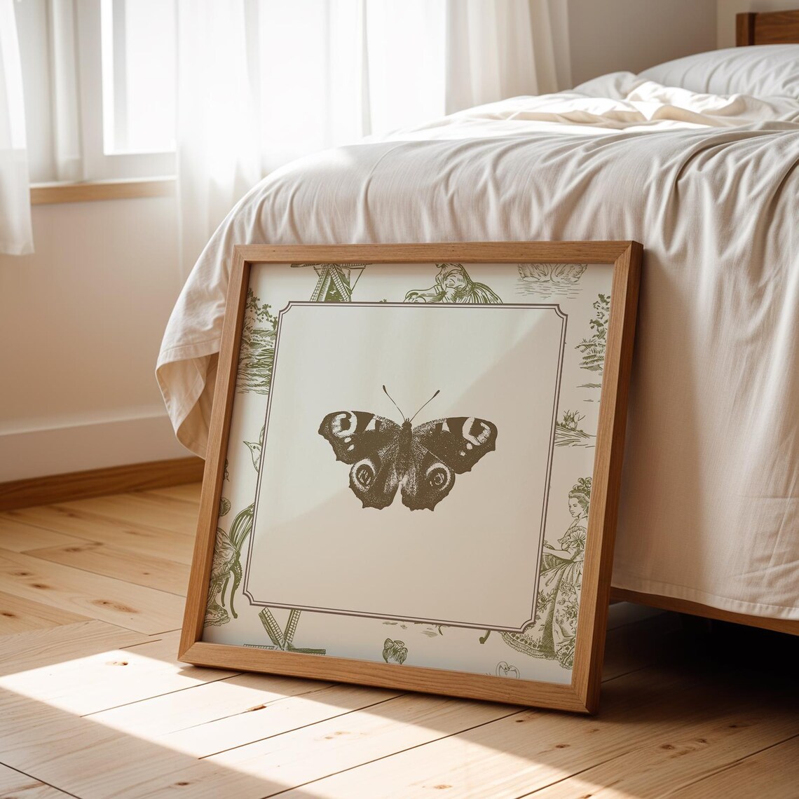 Vintage Green Toile Butterfly Art Print, Nursery Decor