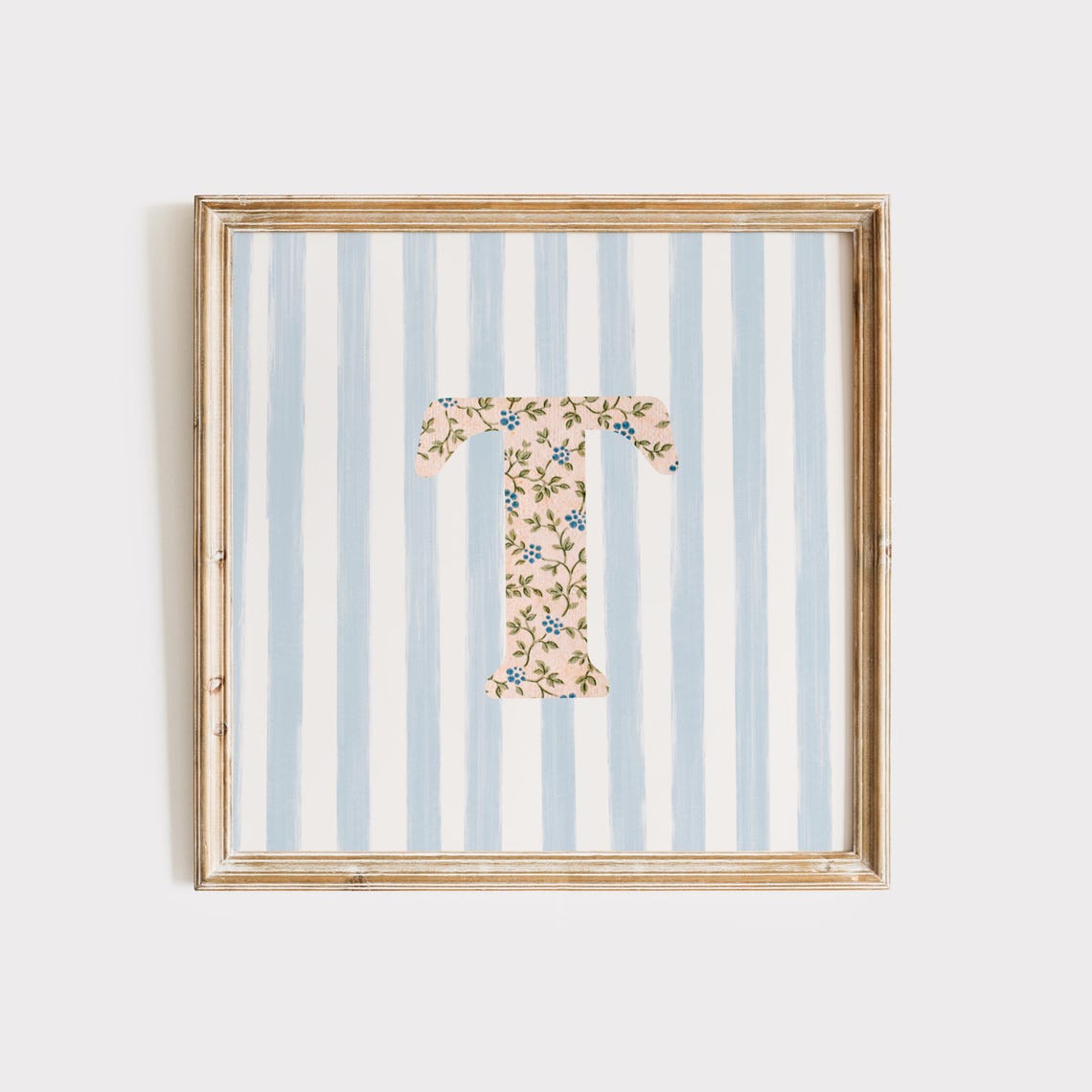 Floral Chintz Letter T Monogram Initial Blue Striped Wall Poster - Image 2