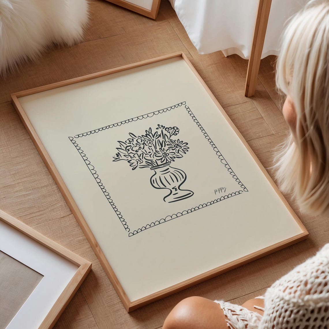 Black Floral Urn Scalloped Stamp Border Line Art Cream Wall Poster - Image 3