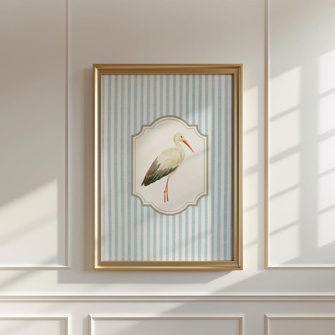 Penelope Striped Stork Illustration in Scalloped Frame Vintage Poster