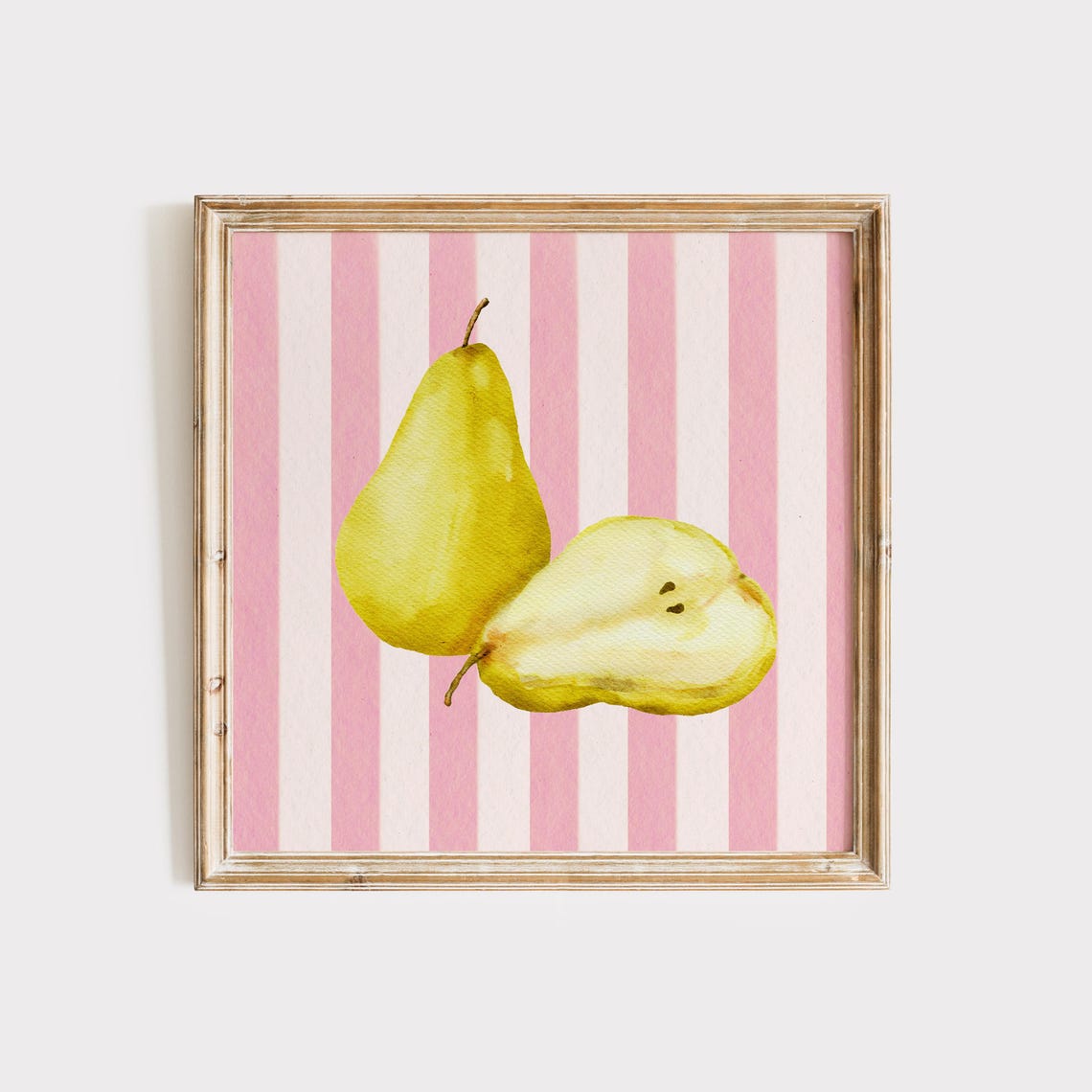 Watercolor Yellow Pear Duo on Pink Striped Background Poster
