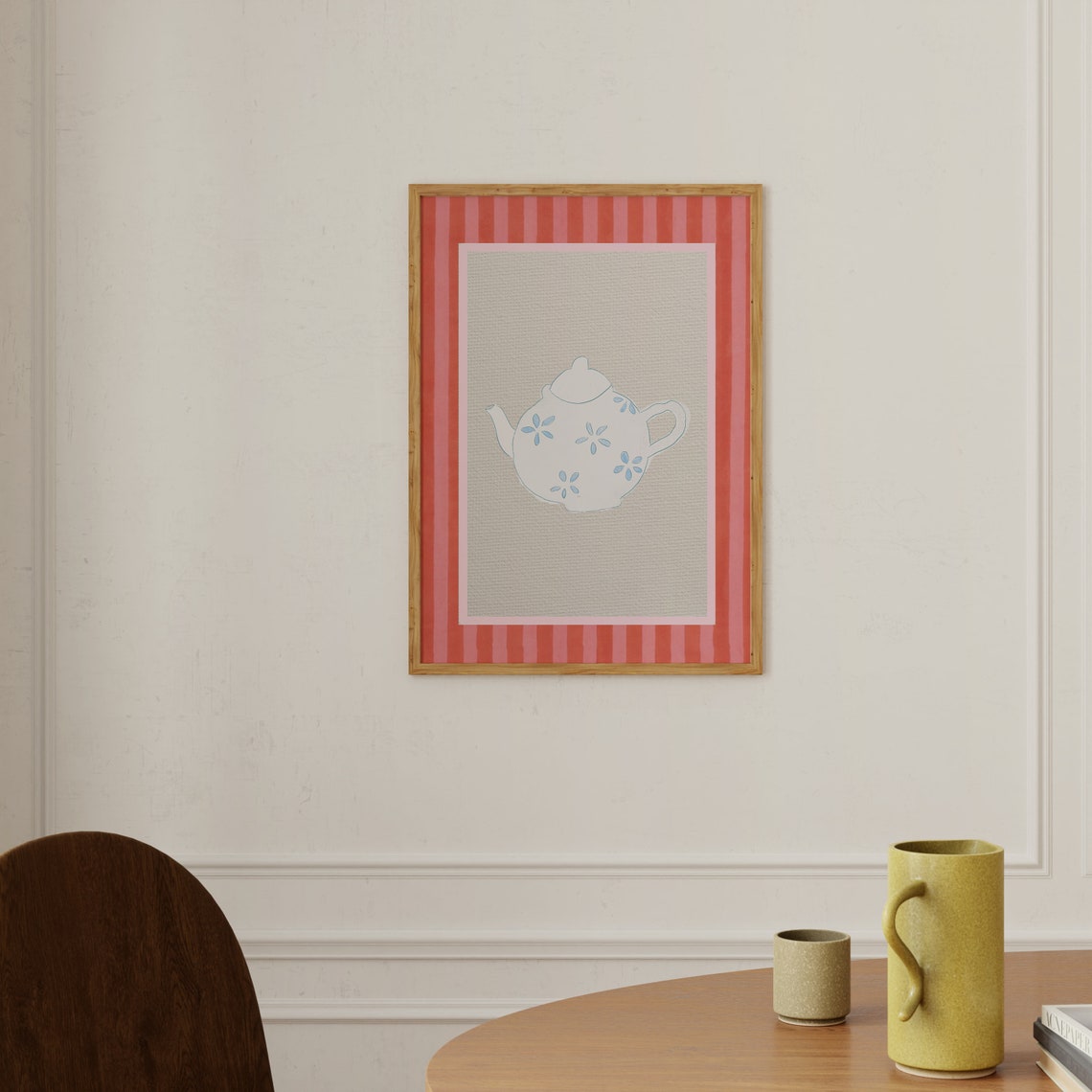 Vintage Teapot Illustration on Coral Striped Background Poster - Image 2