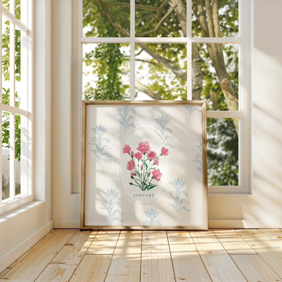 January Carnation Birth Month Flower Blue Botanical Pattern Bouquet Poster - Image 3