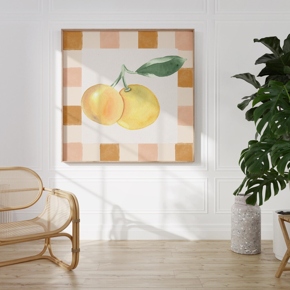 Cheerful Bright Watercolor Lemons on Peach Checkerboard Poster - Image 3