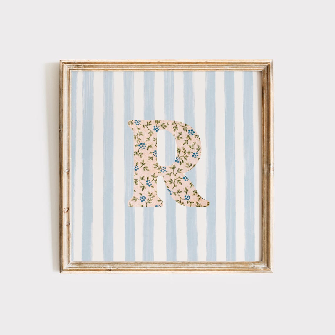 Floral Chintz Letter R Monogram Initial Blue Striped Wall Poster - Image 2