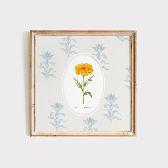 October Marigold Birth Flower Watercolor Botanical Art Poster
