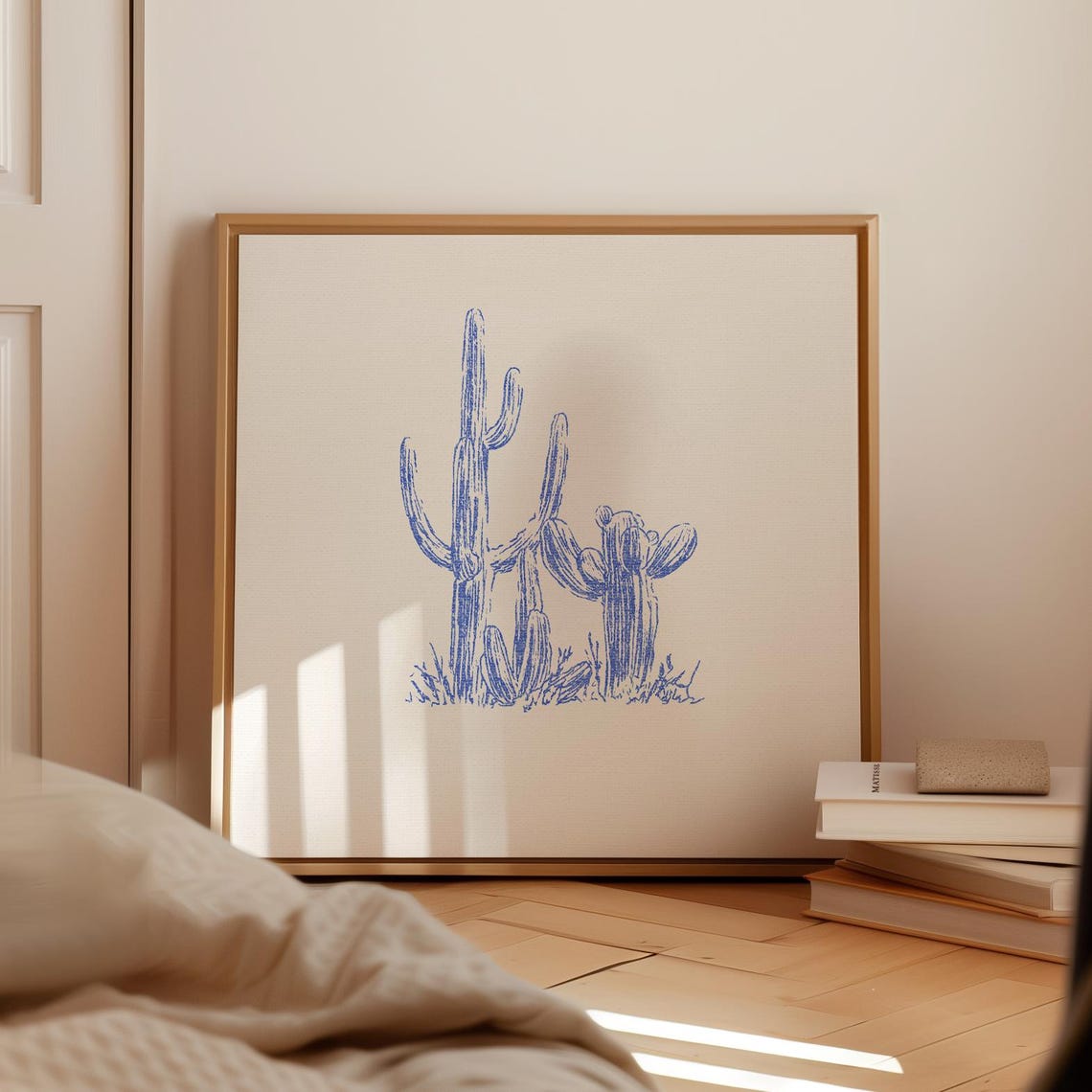 Blue Cactus Line Drawing Poster with Minimalist Desert Artwork