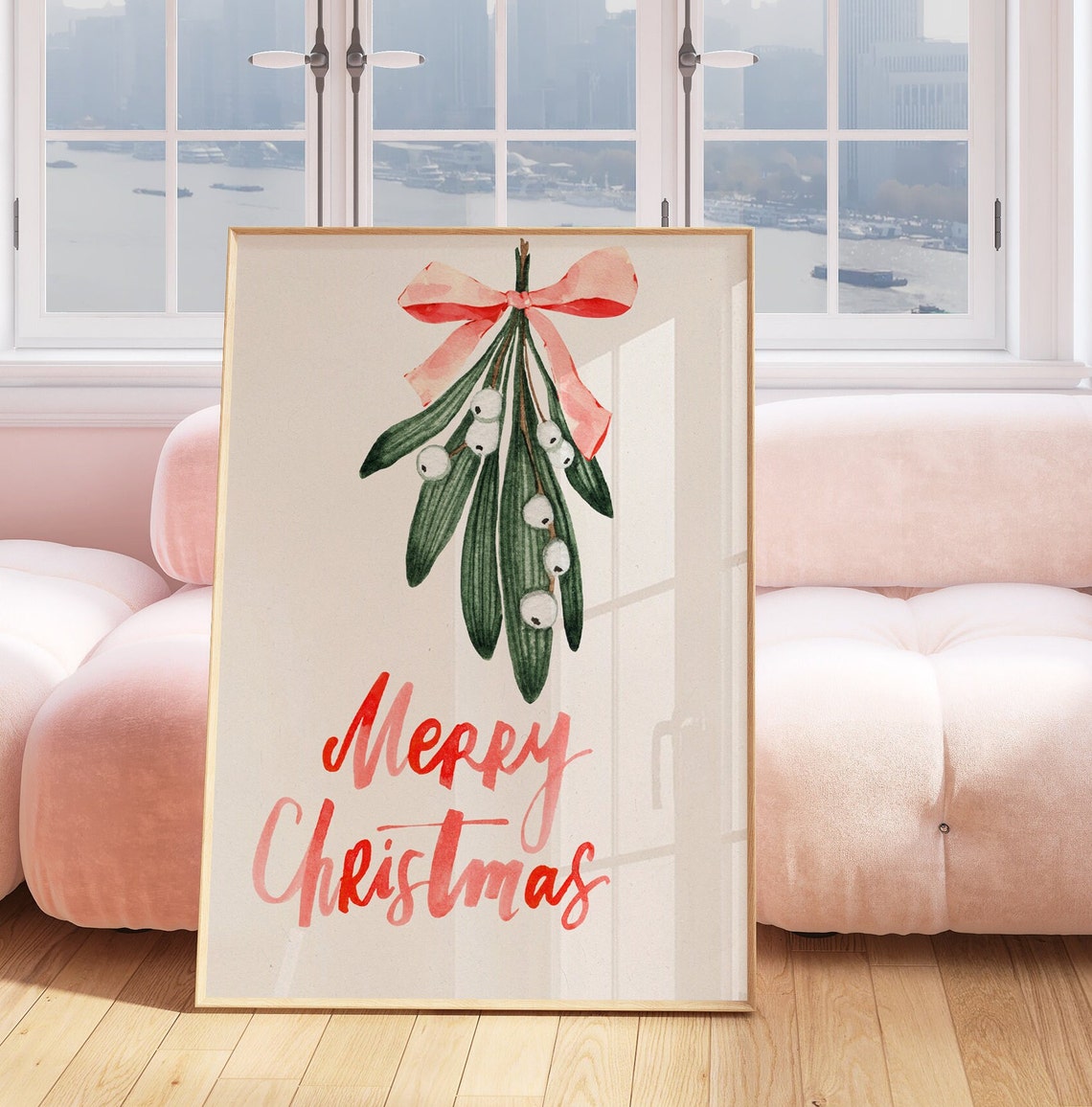 Watercolor Mistletoe Poster with Pink Bow and Merry Christmas