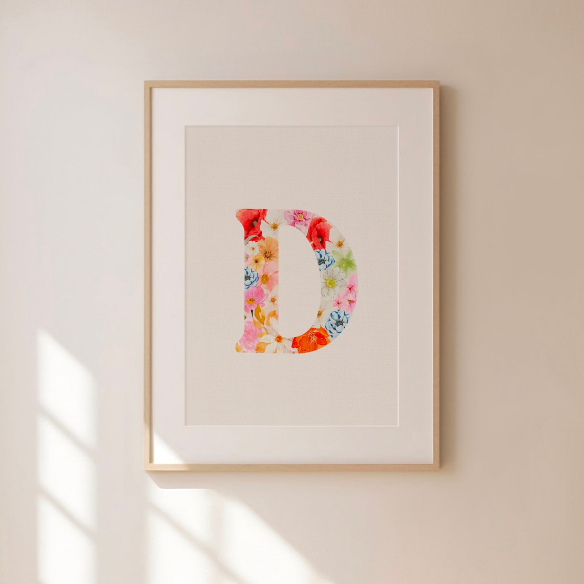 Delicate Floral Letter D Watercolor Monogram Nursery Art Poster