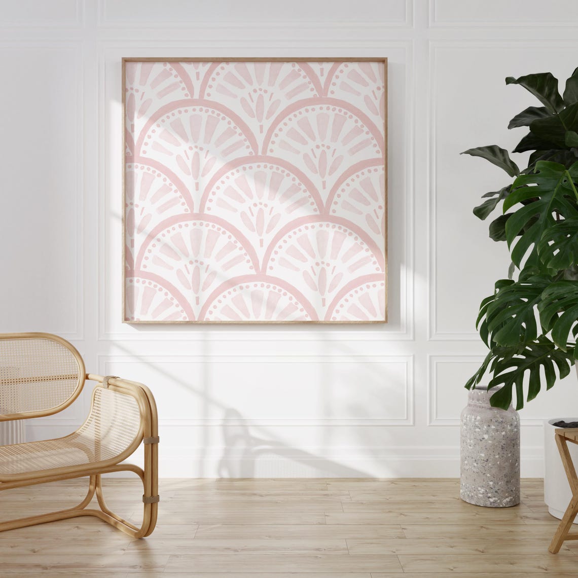 Soft Blush Pink Scallop Shell Carved Motif Square Pattern Poster - Image 2